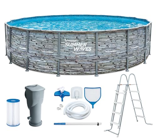 Summer Waves Frame Pool Set | Rund 549x132 cm Steinoptik Grau | Aufstellpool Set | Gartenpool & Schwimmbecken inkl. Filterpumpe, Einstiegsleiter, Abdeckplane, Bodenvlies & Deluxe-Reinigungsset von Summer Waves