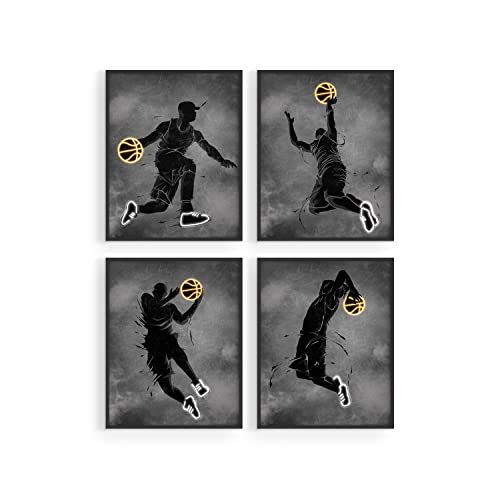 Basketball-Wandkunstdrucke – Set mit 4 (8x10) ungerahmten Basketball-Postern – Basketballzimmer-Dekor für Männer, Kinder, Jugendliche – Basketball-Poster-Set für Schlafzimmer, Schlafzimmer Dekor,Neon von Summit Designs