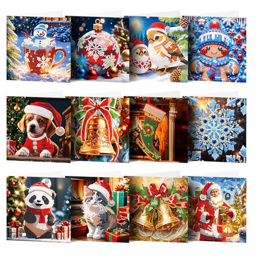 12er DIY Diamond Painting Grußkarten Set für Ostern und Weihnachten - Osternkarten für Kinder & Erwachsene (Weihnachten-12er Set I) von Sumshy