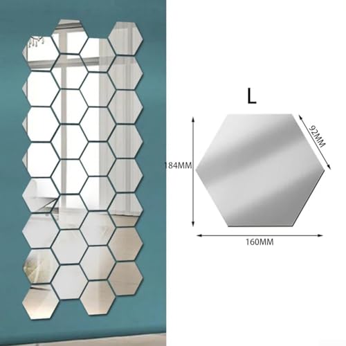 24 Stück goldene sechseckige Acryl-Mosaikfliesen, dekorative Selbstwandspiegel für Innenräume (L 24 Stück Silber) von Sumsoctober
