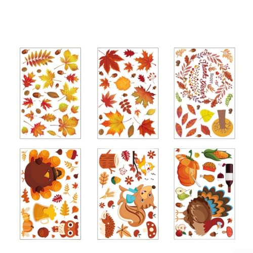 6/8 Blatt Thanksgiving Herbst Fensterbilder mit Ahornblatt und Erntemotiven für saisonale Dekoration an Fenstern (Türkei und Eichhörnchen) von Sumsoctober