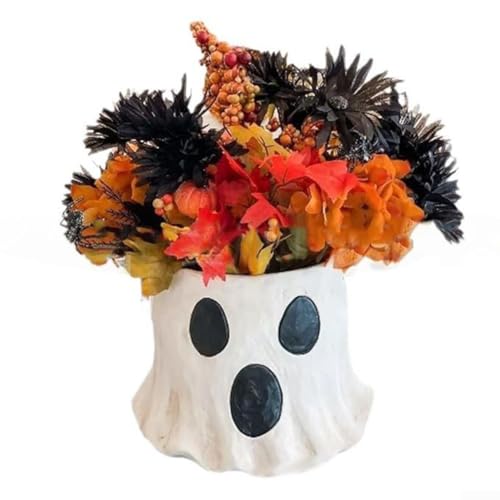 Halloween-Harz-Seelen-Blumentopf, Süßigkeiten-Eimer, Metallgriff, gruselige Vase, weiß, Doppelnutzung, klein, groß, Veranda, Kaminsims, Fensterbank, Eingangsdekoration, 9,5 cm / 20 cm (große Größe) von Sumsoctober