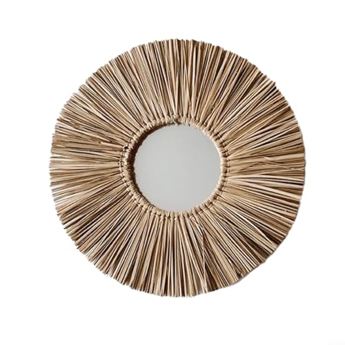 Runder Wandspiegel 40cm, Strohseilrahmen mit Holzperlenbesatz, Boho Rustikaler Hängender Dekorspiegel für Eingangsbereich Schlafzimmer Wohnzimmer Badezimmer von Sumsoctober