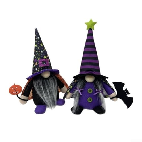 Sumsoctober 2 Stück Halloween Zwerg Dekorationen mit Hexenhüten Kürbis Stern Akzente festliche Heimdekoration Ornamente von Sumsoctober