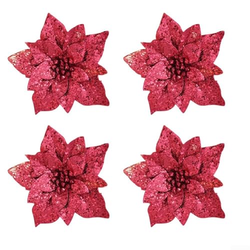 Sumsoctober 4 Stück Weihnachts-Stoffblumen für Baum und Feiertage, Blumenarrangements, geeignet für Kränze und Girlanden, Dekoration, 15 cm (rot) von Sumsoctober