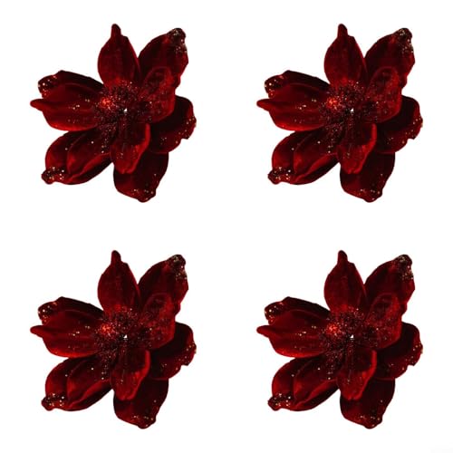 Weihnachtsblumen-Dekorationen mit goldenem Glitzer und flexiblem Draht zum Aufhängen an Bäumen, Kränzen und Feiertags-Displays, Rot, 4 Stück von Sumsoctober