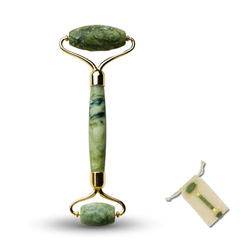 Jade Roller Green Masseur Face - Jade Rolleau in Naturstein + Schutzhülle - Anti -Aging - reduziert feine Linien - Stimuliert die Blutkreislauf - gesunde und strahlende Haut - Sun & Sia von Sun & Sia Source of your Natural Beauty