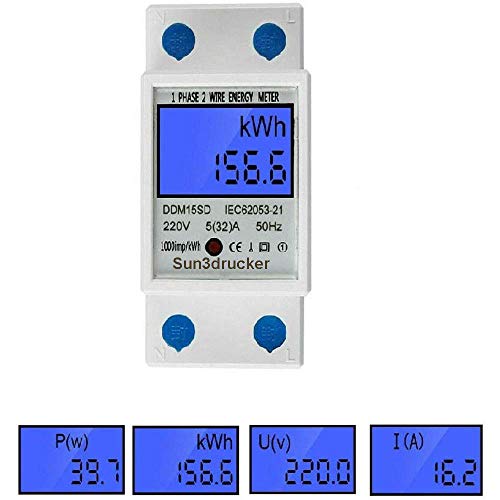 Digitaler DIN Hutschiene Stromzähler - 1-Phasen 2 Leiter, 32A 220V-230V 50Hz/60Hz, LCD Hintergrundbeleuchtung, Wechselstromzähler, SO-Schnittstelle, 1 Dezimalstelle von Sun3drucker