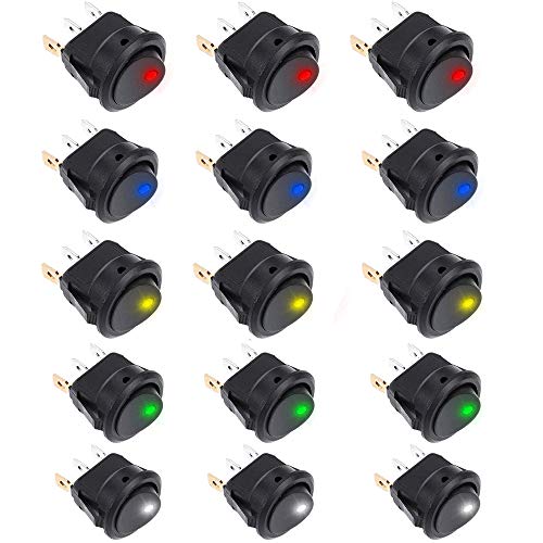 Sun3drucker 15Stk Wippschalter,12v DC 20A Car Boot Truck Trailer Auto KFZ beleuchtet Runde Schalter Wippschalter Button mit 5 Farbe LED Dot beleuchtet von Sun3drucker