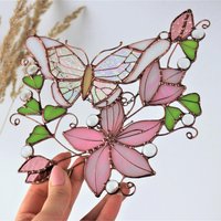 Glasmalerei Schmetterling Suncatcher Rosa Blumen Fensterschmuck von SunArtGlassGallery