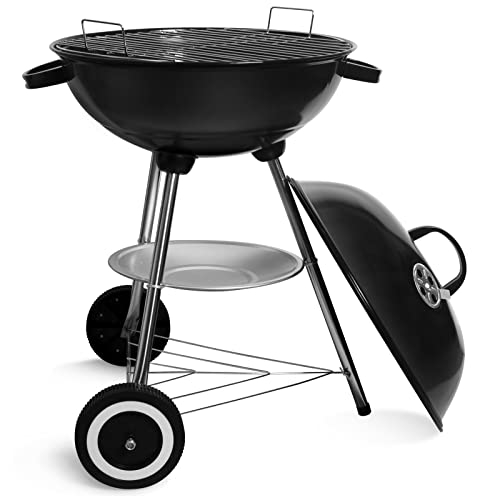 SunJas Holzkohlegrill, Kugelgrill mit Deckel, Rundgrill mit Rädern und Griff, BBQ Grills Campinggrill, Schwarz von SunJas