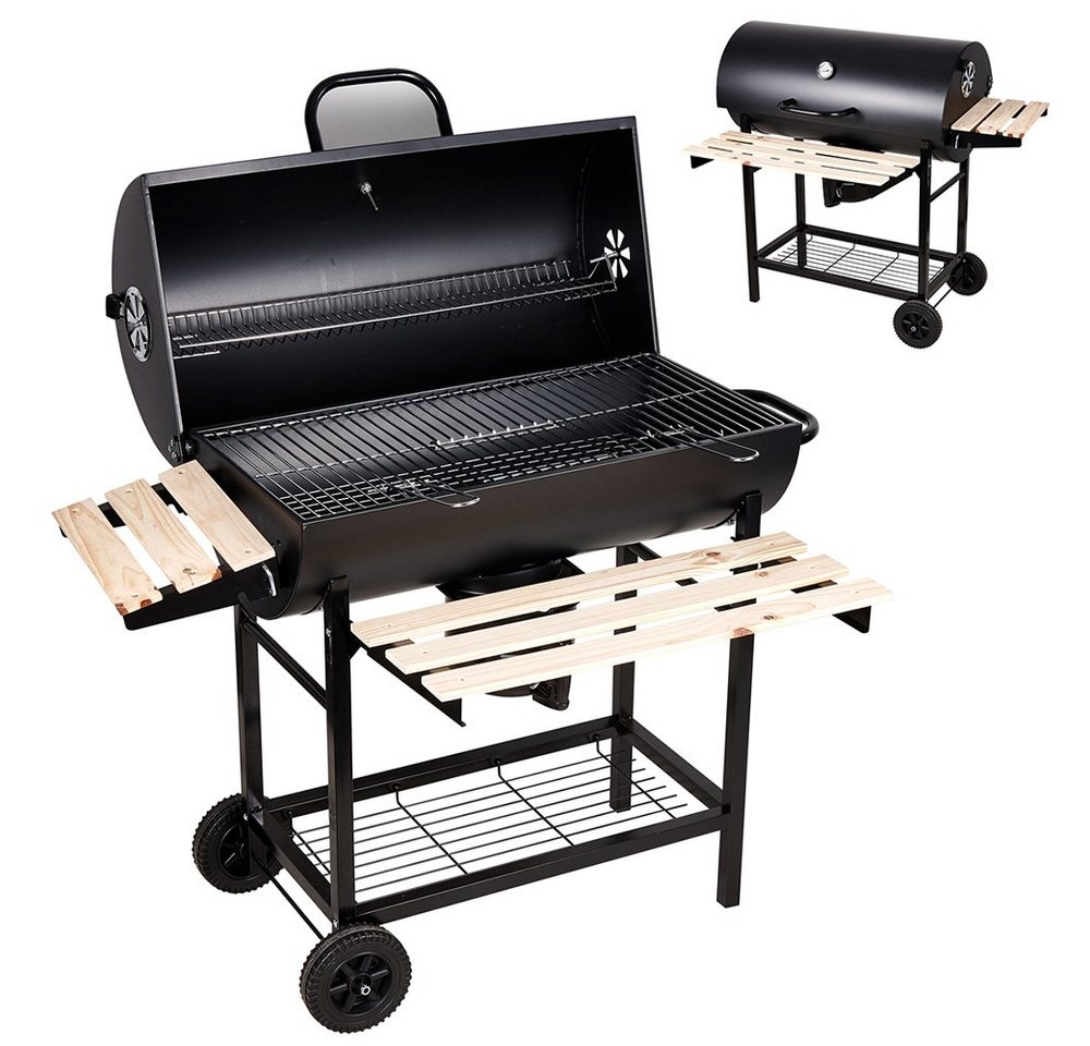 Holzkohlegrill CA-30, Komplett-Set, Grillstation auf Rollen mit 2 Kammern, Grillwagen Holzkohlegrill mit Deckel, mit Temperaturanzeige,Holz-Ablagen Gartengrill, Seitenablage Aschetopf von SunJas