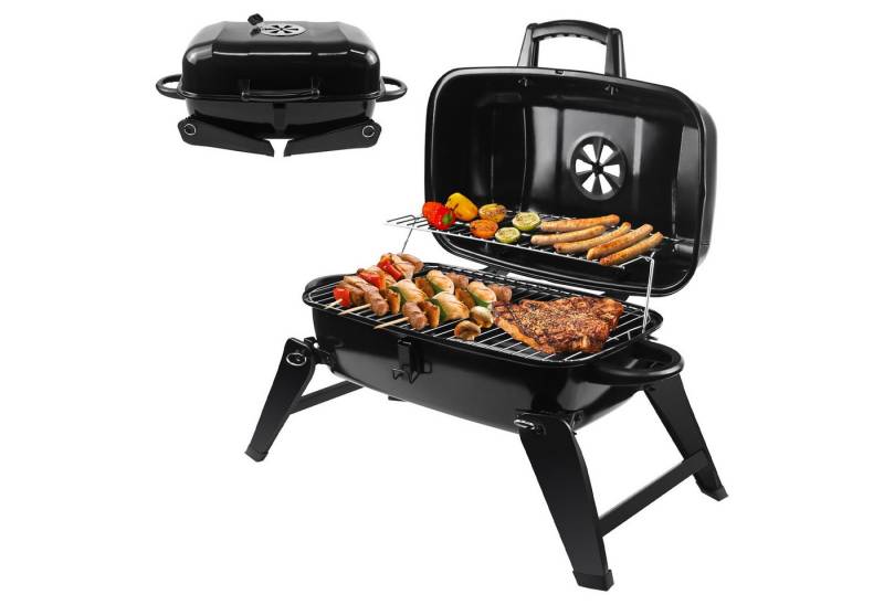 SunJas Holzkohlegrill K-4528BK mit Deckel Beide Grillflächen, Campinggrill Klappgrill Picknickgrill Tragbar Garten BBQ Grill von SunJas