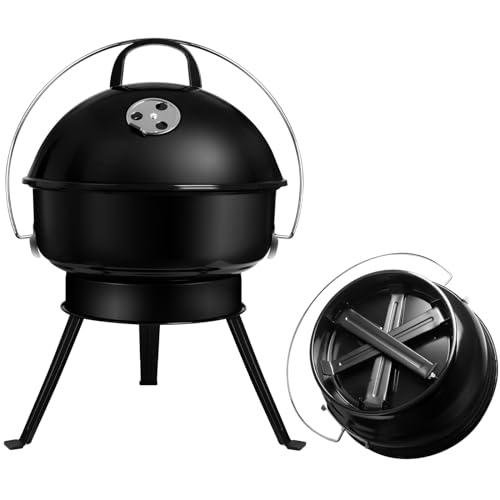 SunJas Kugelgrill Holzkohlegrill mit Deckel, Klappgrill Campinggrill, tragbarer Picknick Grill, Schwarz， 36 x 36 x53 cm von SunJas