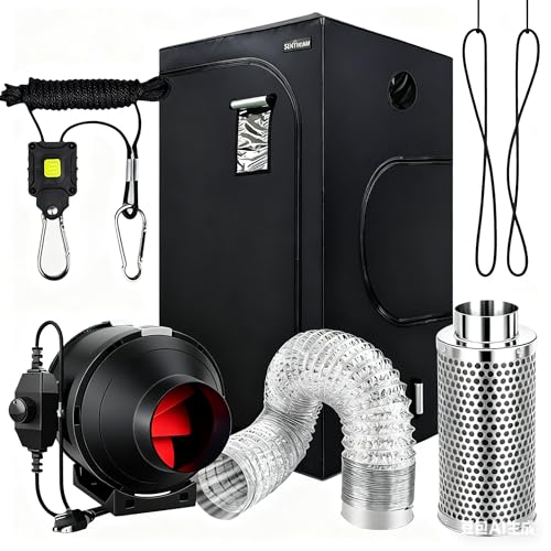 SunStream Growzelt 60x60x140cm Komplettset, Zuchtzelte Kit mit 100mm Kohlefilter, 190 CFM Inline-Kanal-Ventilator und 7.62m Abluftschlauch für Hydroponics Grow Tent Complete Set von SunStream