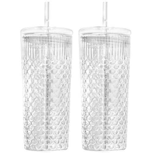 Glasbecher mit Deckel und Strohhalmen, 2 Stück, 650 ml, Glasbecher, Skala, Textur, Glasbecher, temperaturbeständig, runde Trinkgläser für Eiskaffee, Saftgetränk, transparente Glasbecher, Trinkgläser I von SunaOmni