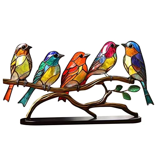 SunaOmni Wohndeko-zubehör Buntglas 5 Vögel Auf Zweig Schreibtisch-Ornamente Bunte Acryl-vogelstatue Tischdekoration Für Büro Buntglas-vögel Auf Zweig Tisch-Ornamente von SunaOmni