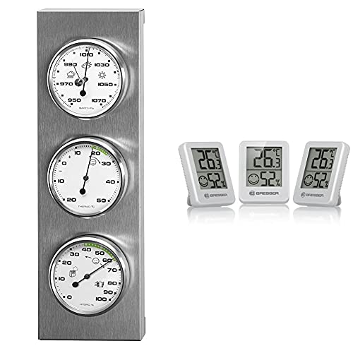 Sunartis Wetterstation aus Edelstahl mit Barometer, Hygrometer und Thermometer & Bresser Thermometer Hygrometer Temeo Hygro Indicator 3er-Set zum Aufstellen oder zur Wandmontage, Weiss von Sunartis