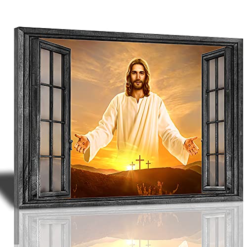 Jesus Christus Kunstdruck auf Leinwand, Motiv "Jesus Greets You Welcome", Rückfenster, Sonnenuntergang, Poster, christlich, religiös, moderne Kunstwerke Christus, Wohnzimmer, 40.6 x 50.8 cm von Sunator
