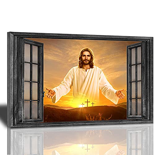 Sunator Jesus Christus Jesus Greets You Welcome Wandbild mit Rückansicht auf Sonnenuntergangsfenster, 40,6 x 61 cm von Sunator