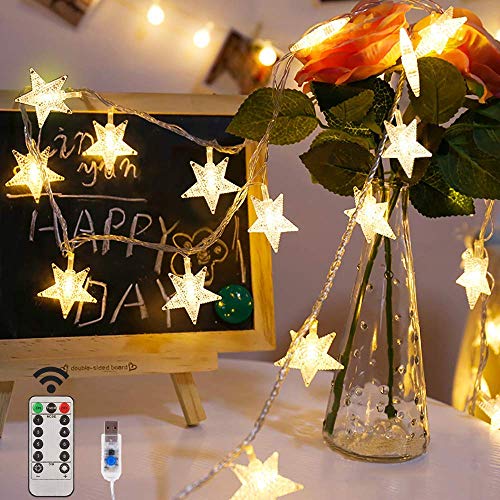 Led Lichterkette Sterne Lichterkette,80LEDs 10M Hängend Warmweiß Lichterkette 8 Modi USB Sterne Lichterkette mit Fernbedienung für Party,Weihnachten,Halloween,Hochzeit oder Stimmung Lichter von Sunboia