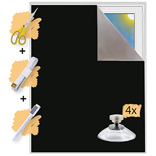 Verdunklungsstoff Meterware | Hitzeschutz oder Kälteschutz | Sonnenschutz zu 100% Verdunkelung | Folie mit Thermobeschichtung für alle Fenster | Rollo ohne bohren | Blackout (Schwarz mit Saugnäpfen) von Sunce24