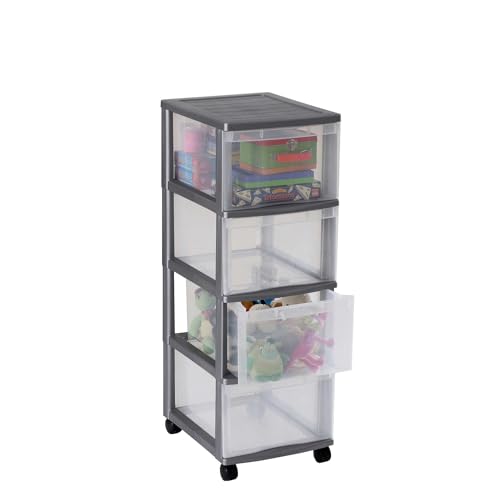 Rotho Rollcontainer OPTIMO Tower, stabiler Schubladencontainer mit 4 Schüben aus Kunststoff, silbernes Gehäuse und transparente Schubladen, ca. 38,5 x 30 x 85,3 cm von Sundis