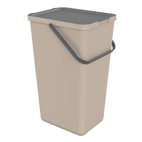 SUNDIS Loops, 32L Mülleimer für Mülltrennung im Innenbereich, rechteckig, aus recyceltem Kunststoff, taupe, mit Deckel, Griff, Tragegriff und Aufklebern, für Küche, Kantine, Restaurant, Pausenraum von Sundis