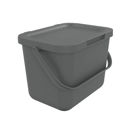 SUNDIS Loops, 6L Mülleimer für Mülltrennung im Innenbereich, rechteckig, aus recyceltem Kunststoff, grau, mit Deckel und Tragegriff, ideal für Bioabfälle, Küche, Kantine, Restaurant, Pausenraum von Sundis