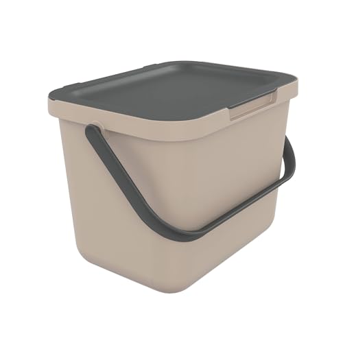 SUNDIS Loops, 6L Mülleimer für Mülltrennung im Innenbereich, rechteckig, aus recyceltem Kunststoff, taupe, mit Deckel und Tragegriff, ideal für Bioabfälle, Küche, Kantine, Restaurant, Pausenraum von Sundis
