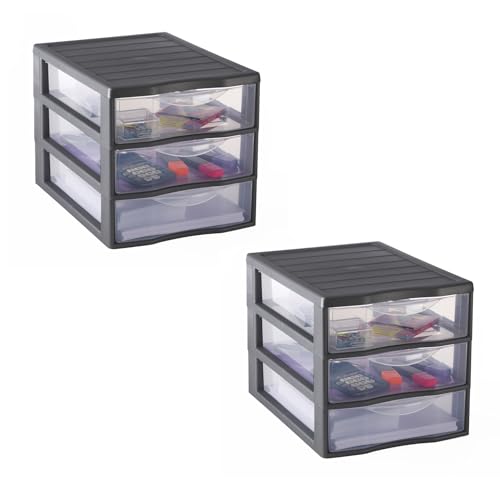 SUNDIS Orgamix, 2er-set schubladenboxen aus Kunststoff, 3 transparente Schubladen für A4-Papier, Höhe 25,5 cm, stapelbar, ideal für Schreibtisch, Unterricht, Dokumente, Zubehör von Sundis