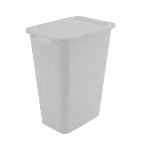 SUNDIS Pixel, Wäschekorb mit deckel 50l, aus recyceltem Kunststoff, weiß, ideal für kleine Räume, 2 seitliche Griffe und 1 Griff an der Unterseite, Belüftung an allen 4 Seiten von Sundis