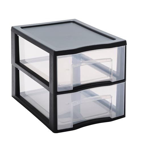 SUNDIS Tag Tower, schubladenbox aus Kunststoff, Schwarz, 2 transparente Schubladen für A4-Papier, Höhe 25,5 cm, stapelbar, ideal für Schreibtisch, Unterricht, Dokumente, Zubehör von Sundis