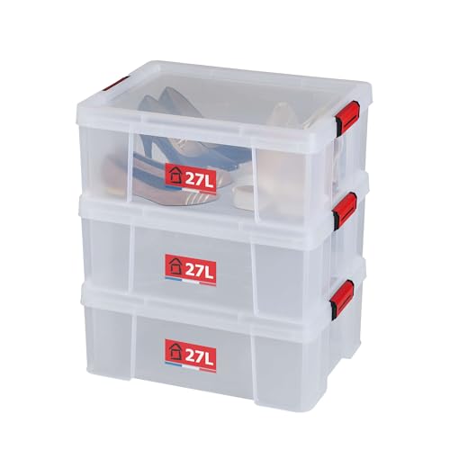SUNDIS Clip'N Store, 3er-set Aufbewahrungsboxen 27l mit Schnappdeckel, transparentem Kunststoff, verstärkt, stapelbar, für Lebensmittelkontakt geeignet von Sundis