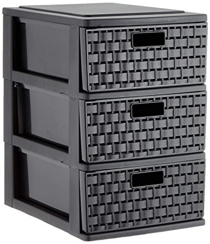 Sundis Country Schubladenbox mit 3 Schübe in Rattan-Optik, Kunststoff (PP), schwarz, A5 (25 x 18x 28.5 cm) von Sundis