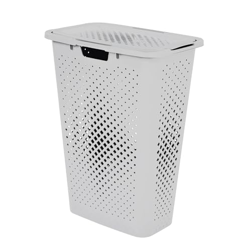 SUNDIS Pixel, Wäschekorb mit deckel 40l, aus recyceltem Kunststoff, off-weiß, ideal für kleine Räume, 2 seitliche Griffe und 1 Griff an der Unterseite, Belüftung an allen 4 Seiten von Sundis