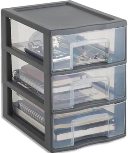 SUNDIS Tag Tower, schubladenbox aus Kunststoff, grau, 3 transparente Schubladen im Format A5, Höhe 25,5 cm, stapelbar, ideal zur Aufbewahrung von Kosmetika, Schmuck, Accessoires, Vorräten von Sundis