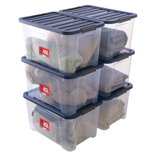 Sundis Wave Box, 6er-set Aufbewahrungsboxen mit deckel, 45L, mit clips, transparentem Kunststoff, stapelbar, ideal für die Aufbewahrung von Schlafzimmer, Spielzeug, Büro, Dachboden oder Garage von Sundis