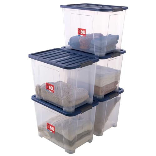 Sundis Wave Box, 5er-set Aufbewahrungsboxen mit deckel, 60L, mit clips, transparentem Kunststoff, stapelbar, ideal für die Aufbewahrung von Schlafzimmer, Spielzeug, Büro, Dachboden oder Garage von Sundis