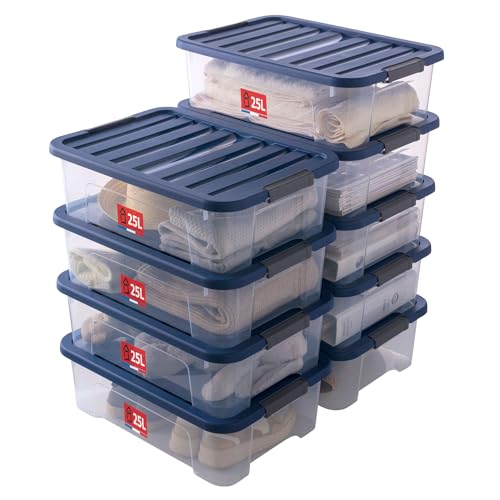 Sundis Wave Box, 9er-set Aufbewahrungsboxen mit deckel, 25L, mit clips, transparentem Kunststoff, stapelbar, ideal zum Aufbewahren unter dem Bett, im Ankleidezimmer, im Büro, im Waschküche von Sundis