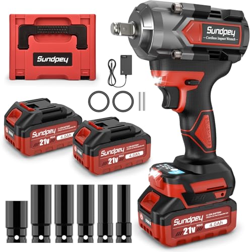 Sundpey 800Nm Akku Schlagschrauber, 21V Bürstenloser Schlagschrauber mit 2 * 4000mAh Li-Ion Akku, 2600RPM für Reifenwechsel & Gerüstbau, 6 Stecknüsse von Sundpey