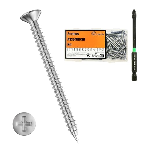 Suneke 100 Stück M3.5mm X 40mm Hohe Härte Trockenbauschrauben, 304 Edelstahl, Feingewinde, Flachkopf, Holz-Schrauben mit Organizer Box & 1 PH2#2 Langer Bit von Suneke