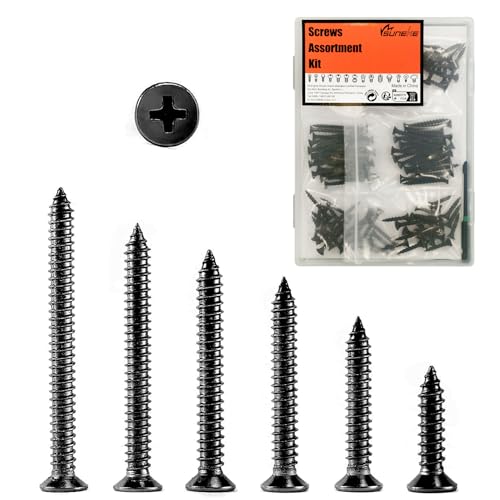 Suneke 120 Stück M4.2mm Sortiment Hochharter Trockenbauschrauben, Schwarz Phosphat, Grobgewinde, Antrieb, Flachkopf, Holzschrauben Mit Organizer Box & 1 PH2#2 Langer Bit von Suneke