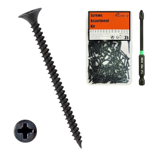 Suneke 200 Stück M3.5mm X 20mm Hohe Härte Trockenbauschrauben, Schwarz Phosphat, Feingewinde, Flachkopf, Holz-Schrauben mit Organizer Box & 1 PH2#2 Langer Bit von Suneke