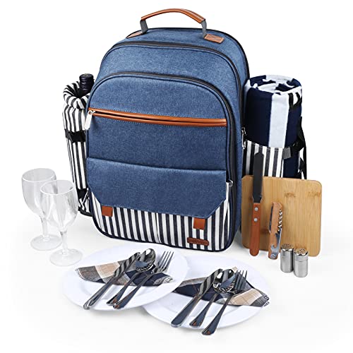 Sunflora Picknick Rucksack Set 2 Personen mit Isoliertem Kühlung und Decke, Picknickkorb 2 Personen für Familie Camping Outdoor(Blau & Streifen) von Sunflora