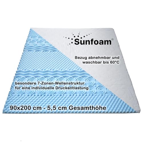 Sunfoam Topper 90x200 cm 7-Zonen-Wellenstruktur | individuelle Druckentlastung | Bezug waschbar bis 60 Grad | Oeko-TEX® 100 von Sunfoam