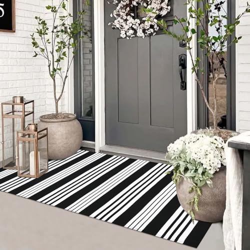 Sungea Gestreifte Outdoor-Matten für Haustür, 61 x 129,5 cm, schwarz und weiß, waschbarer Läufer, mehrlagiger Fußmatten, Inneneingang, wendbarer Proch-Teppich, leichter Überwurf, Teppiche für von Sungea