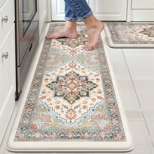 Sungea Küchenmatten für den Boden, gepolstert, Anti-Ermüdung, Boho-Vintage-Stil, blau, Küchenteppich-Set, rutschfest, Memory-Schaum, wasserdicht, bequem, Stehmatte, Teppich für Waschbecken, Waschküche Sungea Küchenmatten für den Boden, gepolstert, Anti-Ermüdung, Boho-Vintage-Stil, blau, Küchenteppich-Set, rutschfest, Memory-Schaum, wasserdicht, bequem, Stehmatte, Teppich für Waschbecken, Waschküche von Sungea