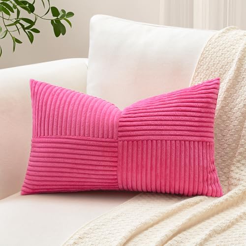 Sungeek 1 Stück Cord Kissenbezug, Kreuz Streifen Muster Kordsamt Kissenbezüge Sofakissen Dekokissen Patchwork Design Deko Zierkissenbezüge Kissenhülle für Wohnzimmer (30x50cm, Heißes Rosa) von Sungeek