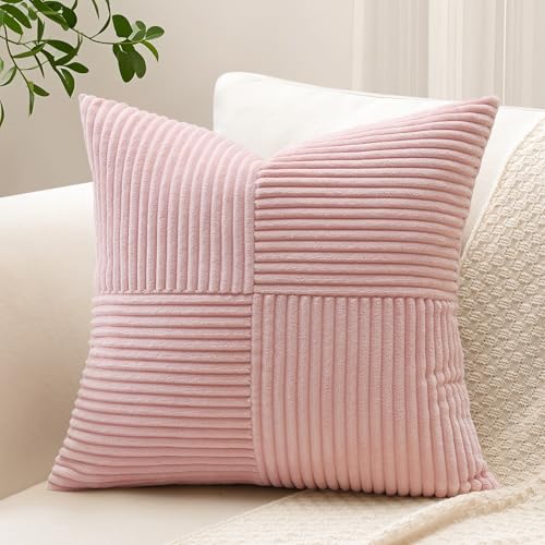 Sungeek 1 Stück Cord Kissenbezug, Kreuz Streifen Muster Kordsamt Kissenbezüge Sofakissen Dekokissen Patchwork Design Deko Zierkissenbezüge Kissenhülle für Wohnzimmer (40x40cm, Rosa) von Sungeek